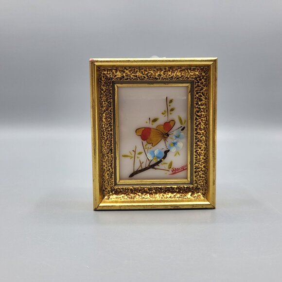 Verilyn Gallery Spain Signed Art Hand Painted Butterfly Flowers Gold Frame 3x4 - Picture 11 of 13